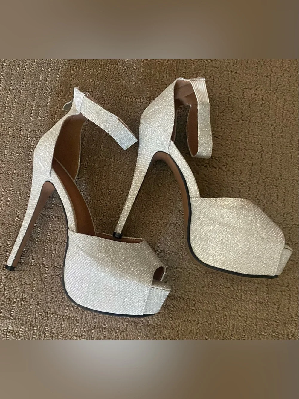 Silver Glitter Platform Peep Toe Stiletto Heels w/ ankle strap size 9